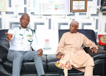 CUSTOMS CG, ADENIYI, HOSTS FORMER CG, MUSTAPHA, AT NIGERIA CUSTOMS HEADQUARTERS
